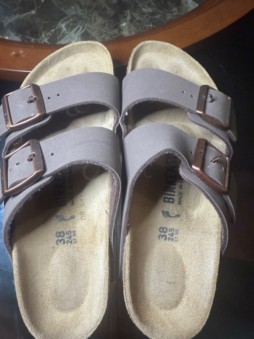 Birkenstock Unisex Brown Two-Strap Sandals with Copper Buckles